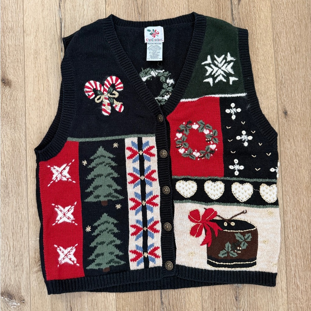 Vintage Christmas knitted button down vest ugly sweater - Picture 1 of 7